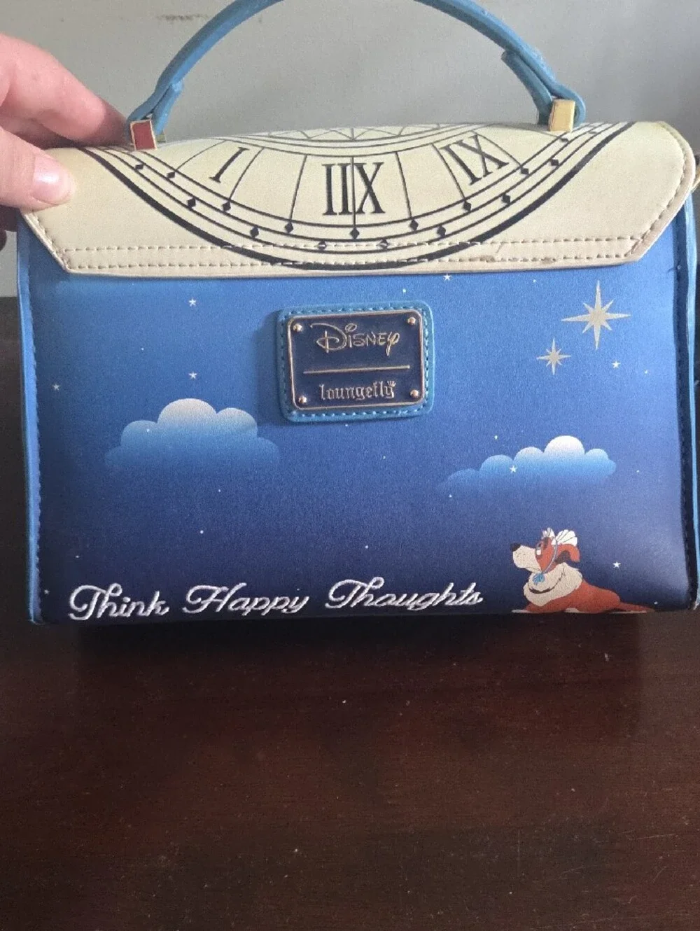 Loungefly Navy and Cream Peter Pan Clock-Print Satchel